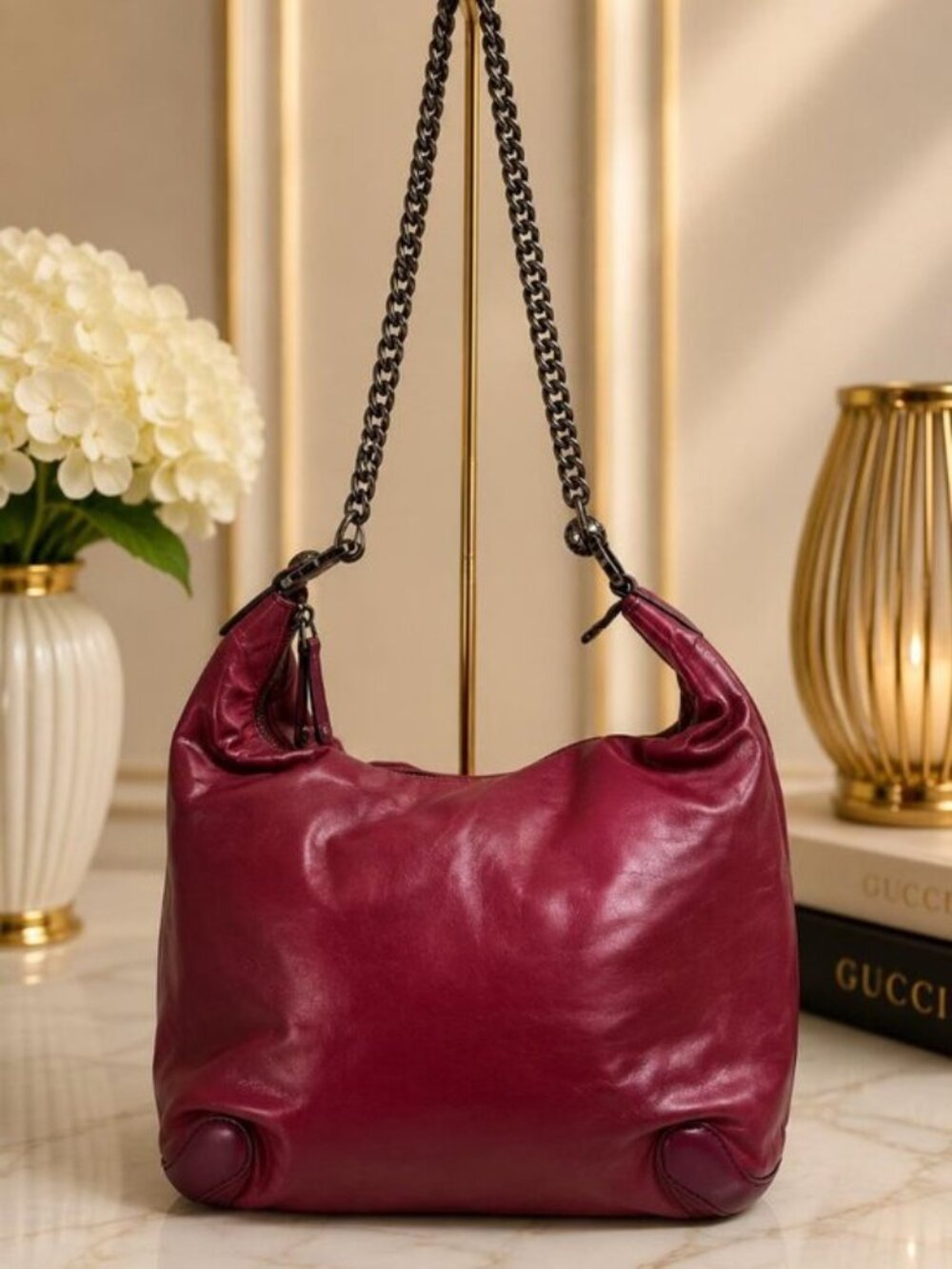 Authentic Gucci Leather Hobo Shoulder Bag Chain Strap Large Purse